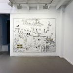 Iván Candeo, Drawing in-situ from a seventeenth century map on the gallery wall intervened with Polaroids, 2019, Mural, Exhibition view.