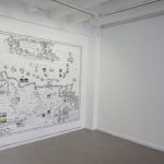 Iván Candeo, Drawing in-situ from a seventeenth century map on the gallery wall intervened with Polaroids, 2019, Mural, Exhibition view.