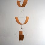 las recolectoras, 2022. Sapele wood, rosewood, dyed sycamore, glass, ceramics and dyed yarn, 170 x 55 cm.
