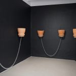 Resonadores de voz, 2023. Ceramic, pvc, steel, wire and rope, 33 x 33 x 31 cm. each one