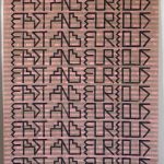 Dibujo rosado con letras grises, 2023. Gouache on jute. 170 x 72 cm