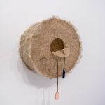 Tripa II, 2023. Basta wool, viscose and tulle on wooden structure, 37 Ø x 23 cm