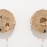 Tripa I and II, 2023. Basta wool, viscose and tulle on wooden structure, 37 Ø x 23 cm