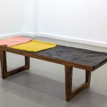 Banco, 2024. Iroko wood and fabrics dyed with natural dyes, 123 x 40 x 36 cm