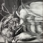 Domestic Matters (Fowl, Porcelain and Shells I), 2024. Ditone printing on paper, beveled glass and marquetry (detail)