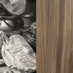 Domestic Matters (The Kitchen I), 2024. Ditone printing on paper, beveled glass and marquetry (detail)