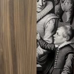 Domestic Matters (The Kitchen II), 2024. Ditone printing on paper, beveled glass and marquetry (detail)