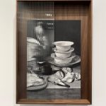 Domestic Matters (Fowl, Porcelain and Shells I), 2024. Ditone printing on paper, beveled glass and marquetry, 90 x 70 x 8 cm