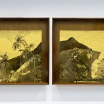 Violencia exótica, 2024. Ira Lombardía. Triptych (detail). Walnut wood, textured yellow glass and photograph on dibond. 260x80cm (80cmx80cm each)