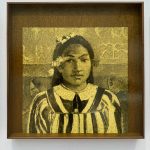 Violencia exótica, 2024. Ira Lombardía. Triptych (detail). Walnut wood, textured yellow glass and photograph on dibond. 260x80cm (80cmx80cm each)
