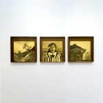 Violencia exótica, 2024. Ira Lombardía. Triptych. Walnut wood, textured yellow glass and photograph on dibond. 260x80cm (80cmx80cm each)